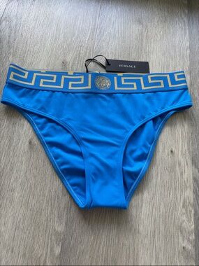 Versace Swimwear Teal Bikini Bottom with Gold Medusa Design Size 4/US: Large